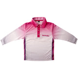 Girls pink and white polo sun shirt with a brand logo on a white background