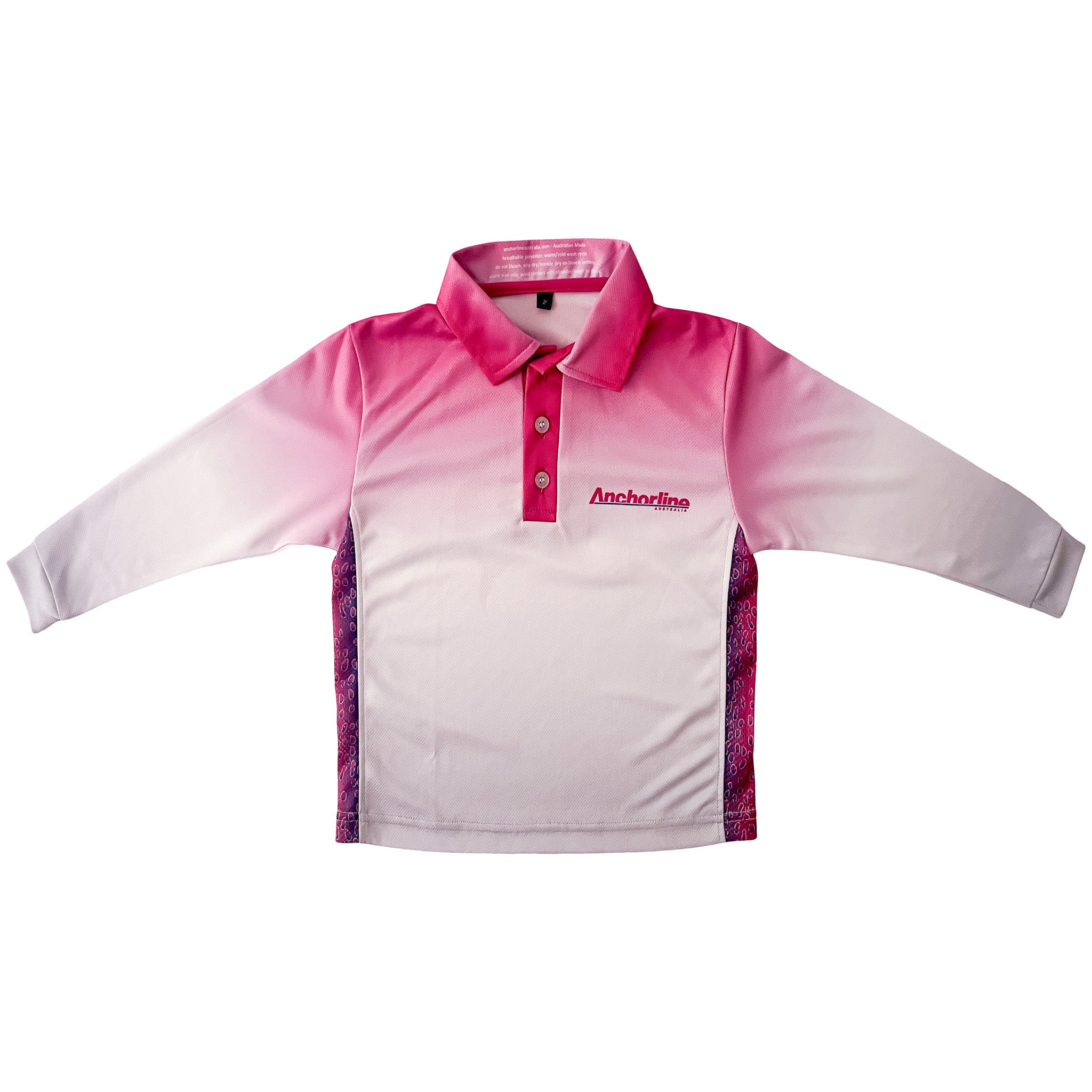 Girls pink and white polo sun shirt with a brand logo on a white background