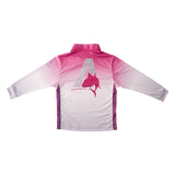 Girls pink and white long sleeve sun shirt with a logo on the back against a white background