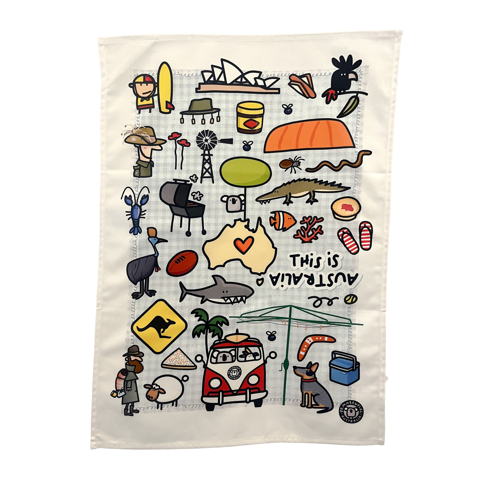 Tea towel with Australian-themed illustrations on a white background