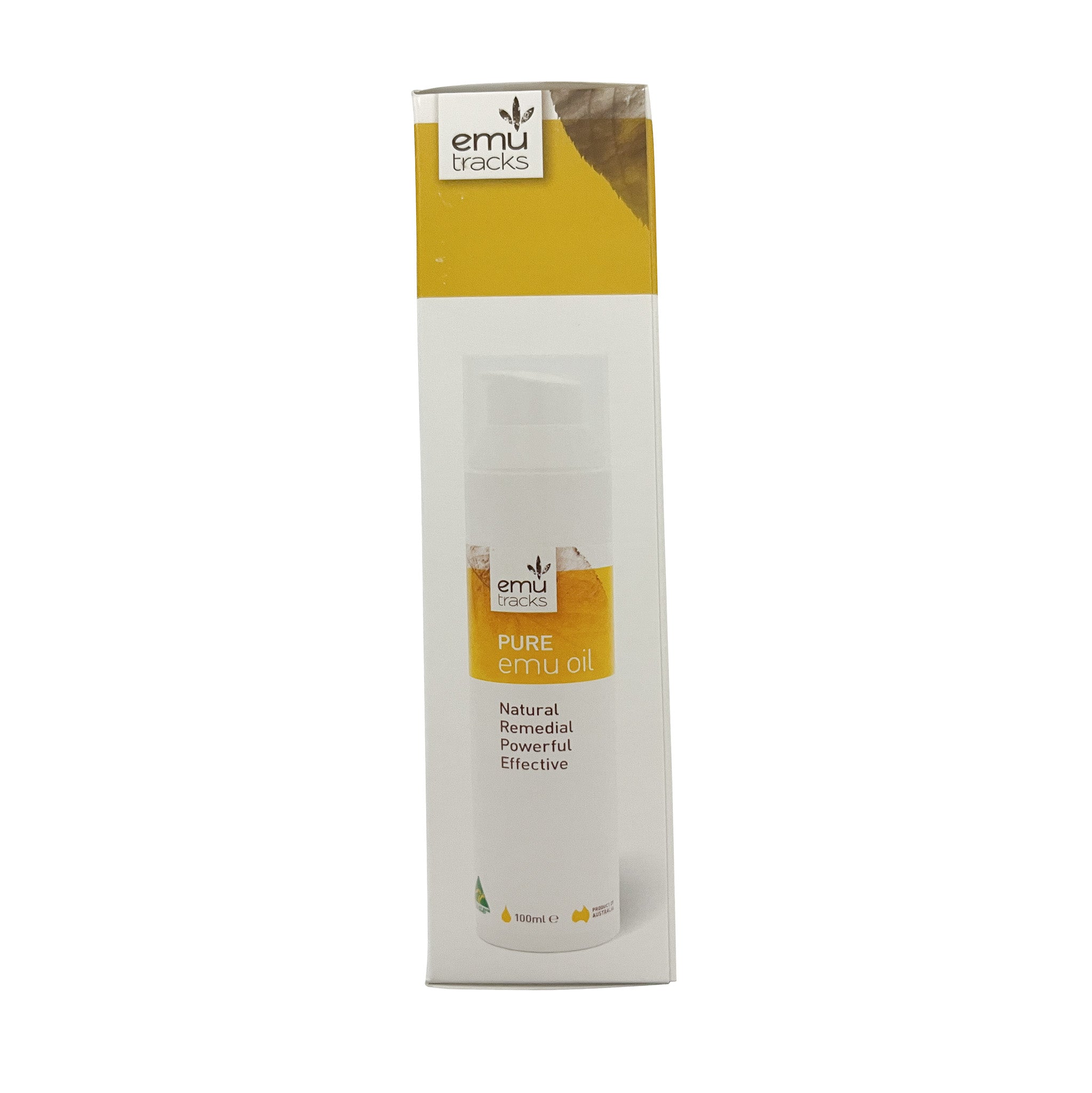 Emu Tracks Pure Emu Oil packaging on a white background