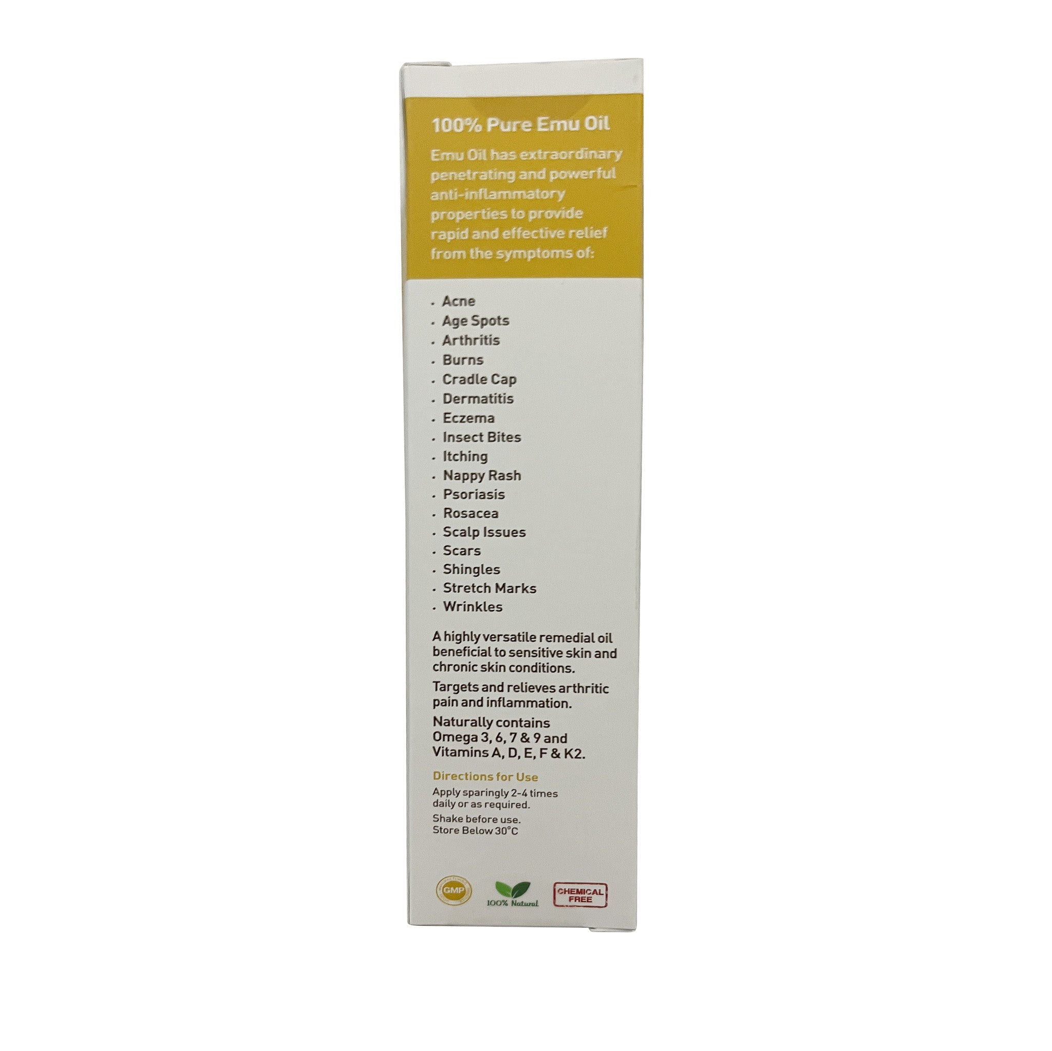 Box of 100% Pure Emu Oil with text on a white background