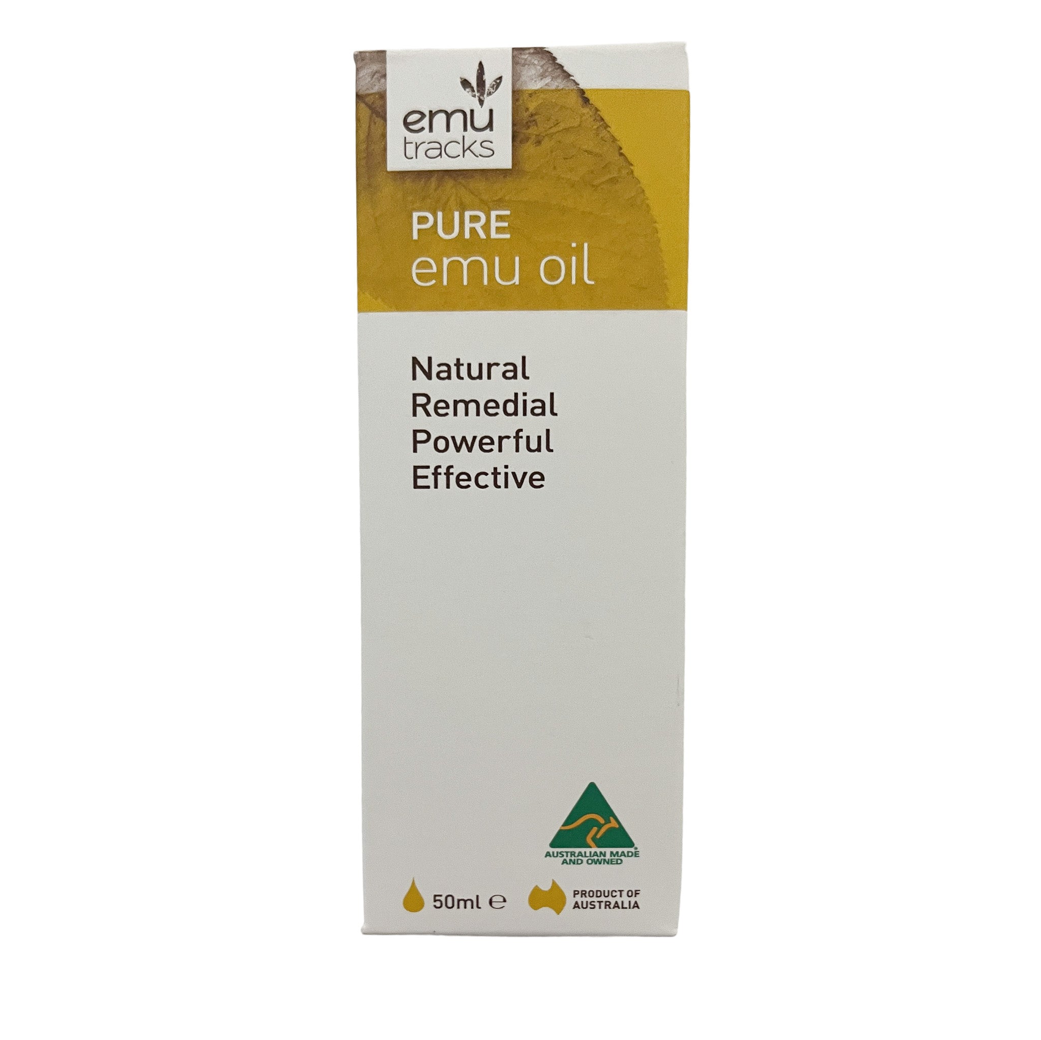 Box of pure emu oil with emu tracks branding on a white background