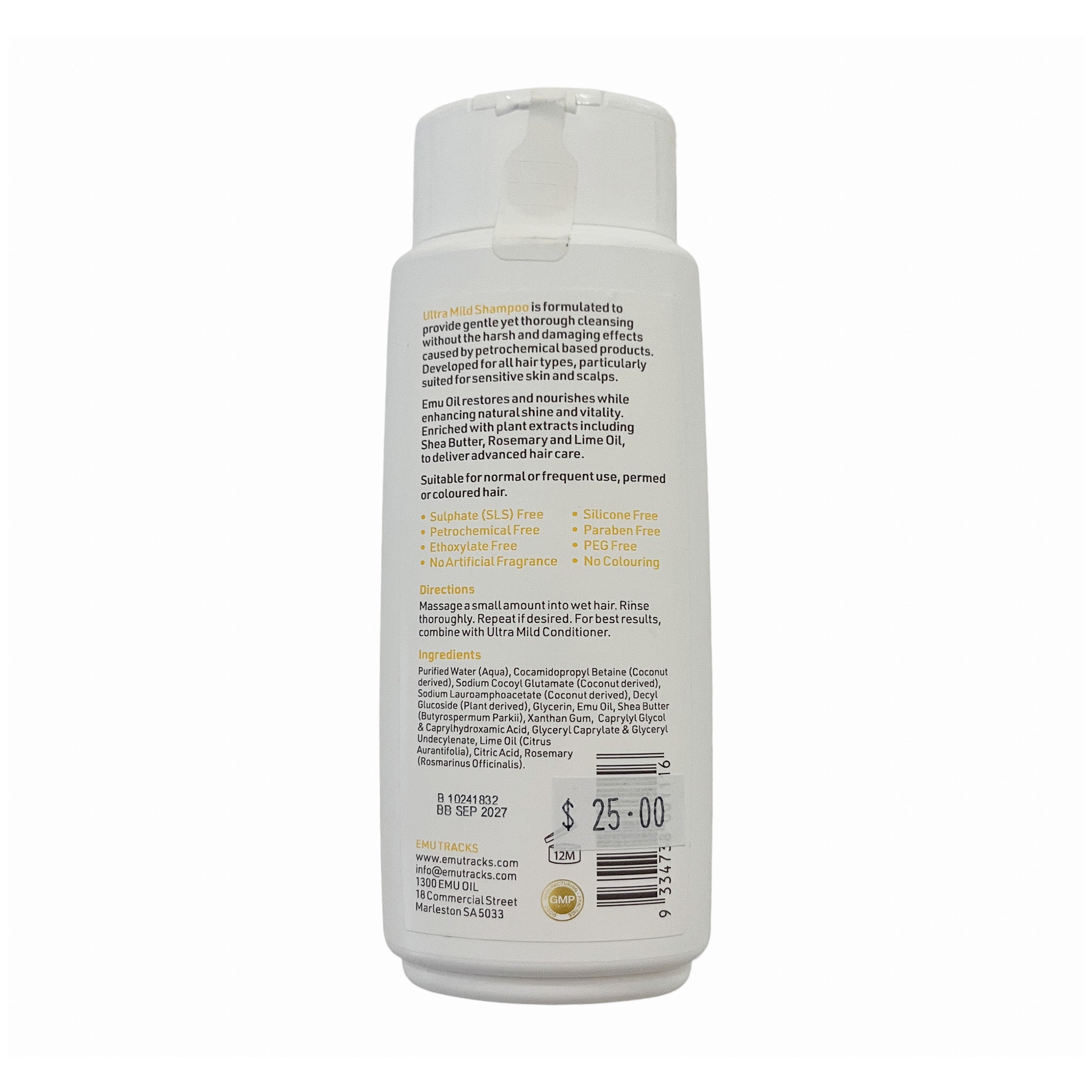 Back label of the emu tracks mild shampoo a white bottle with directions, ingredients and pricing on a white background