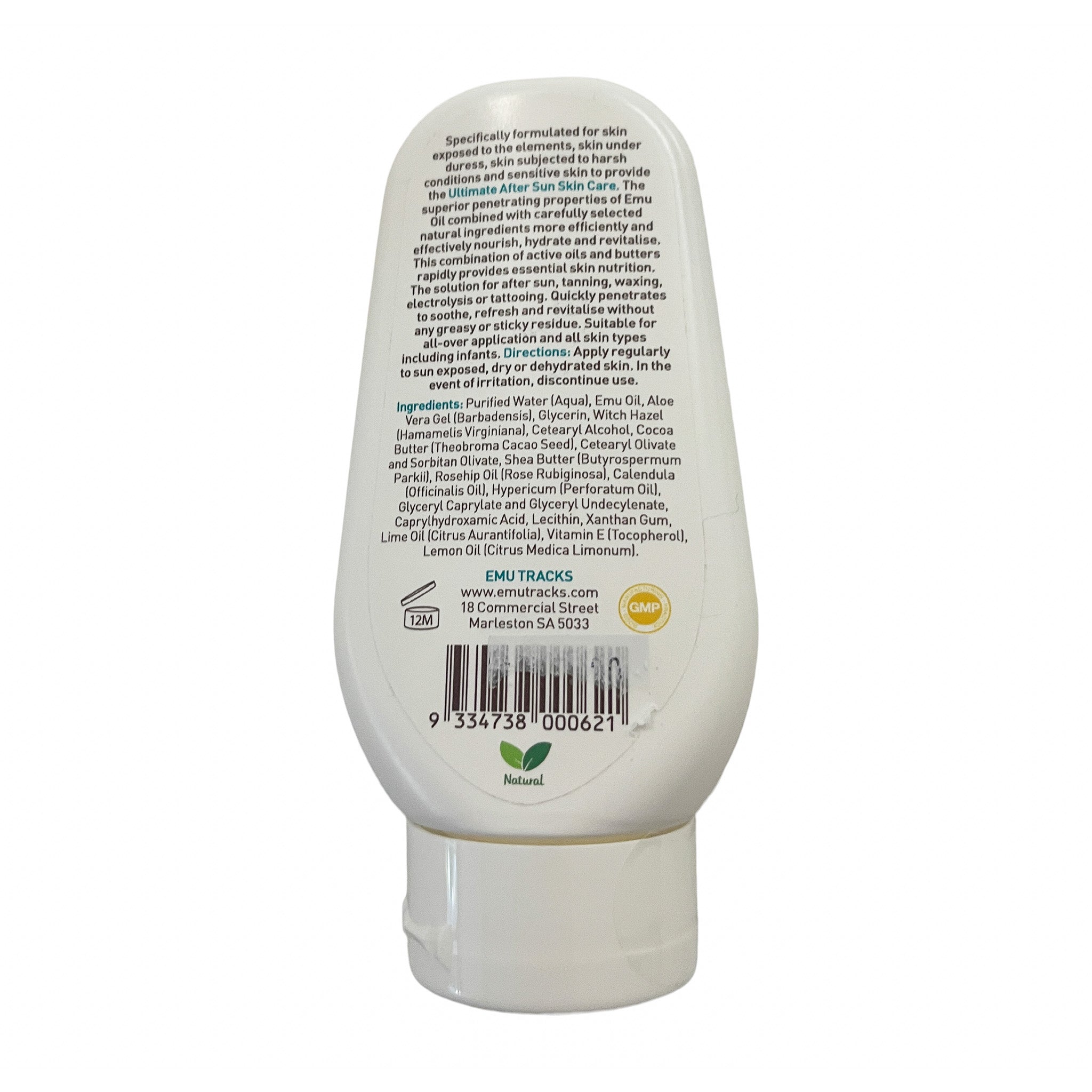 Back view of the emu tracks after sun skin care white lotion bottle with text instructions, ingredients and branding on a white background