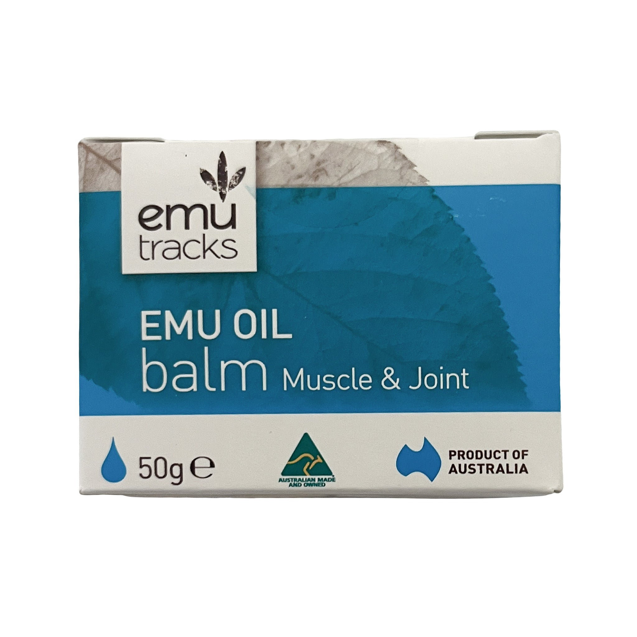 Box of Emu Oil balm for muscle and joint by Emu Tracks on a white background