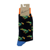 Sock with frog pattern on a white background