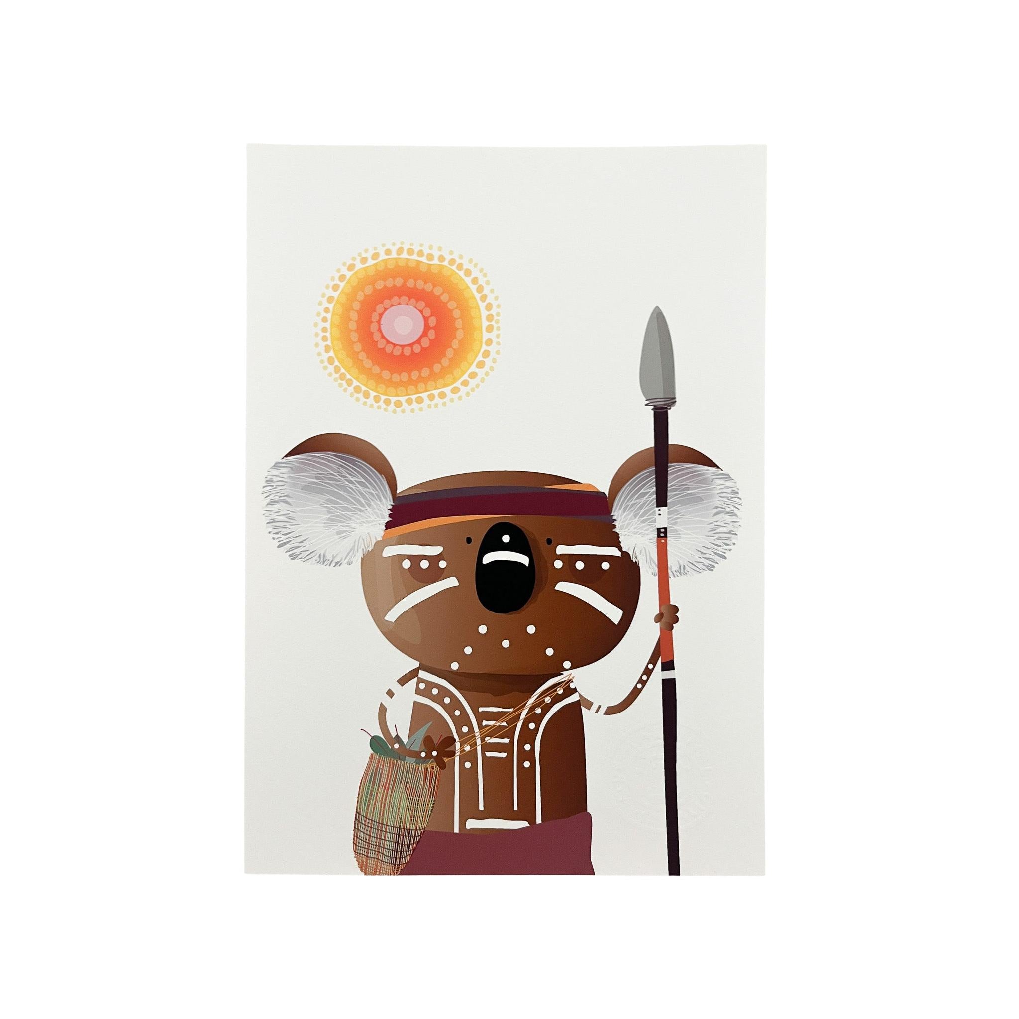 A4 art print of a koala in Aboriginal ceremonial paint, holding a spear and dilly bag under a desert sun.