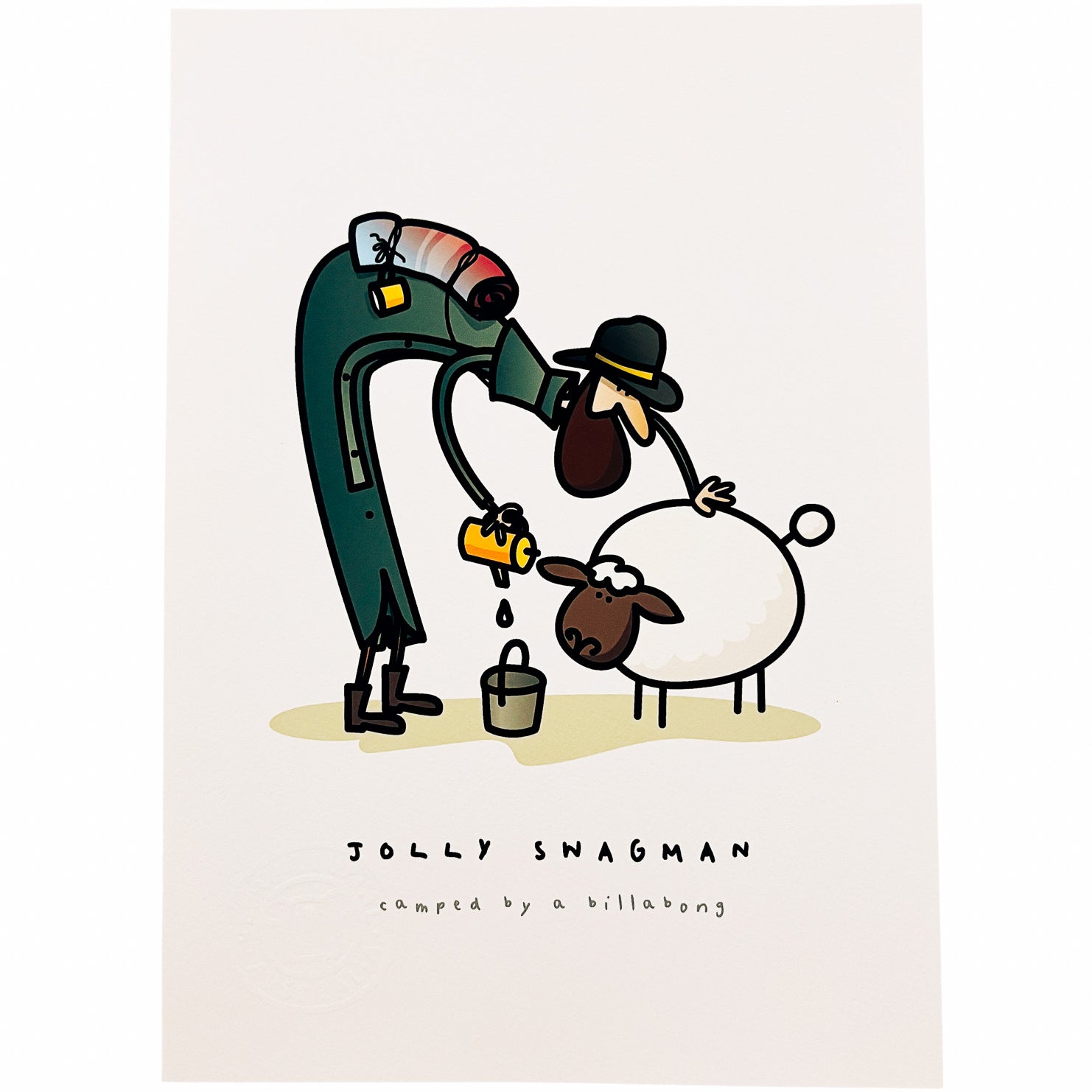 Illustration of a a swagman and his swa pouring water into a billycan, for a sheep with Jolly Swagman camped by a billabong text below.  