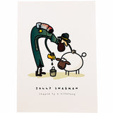 Illustration of a a swagman and his swa pouring water into a billycan, for a sheep with Jolly Swagman camped by a billabong text below.  