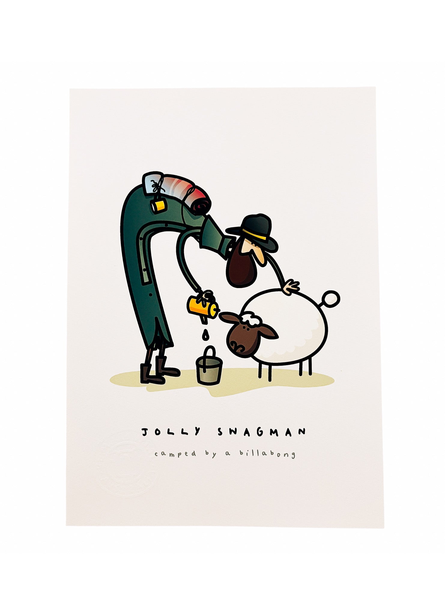 Illustration of a a swagman and his swa pouring water into a billycan, for a sheep with Jolly Swagman camped by a billabong text below.  