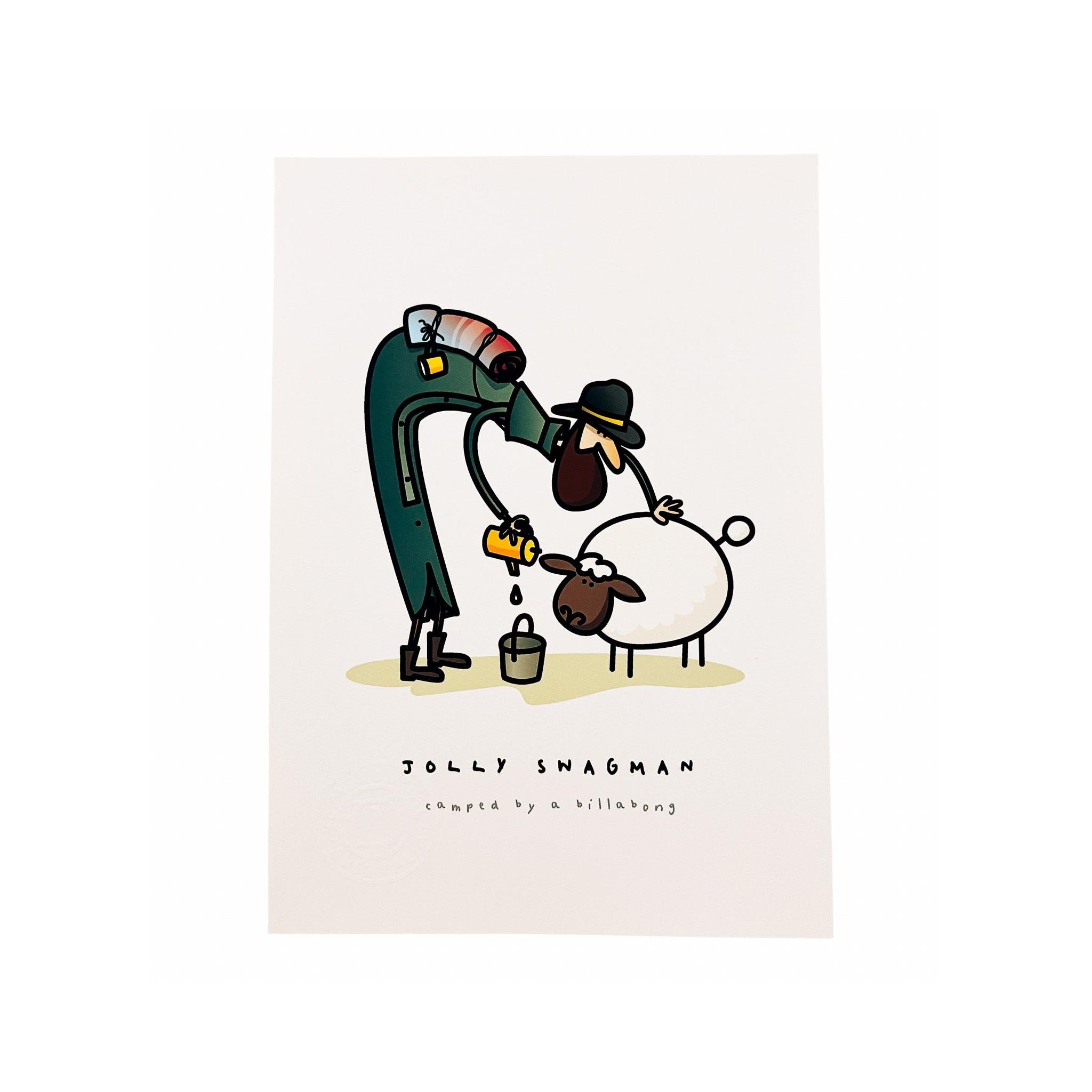 Minimalist A4 art print featuring a cartoon swagman pouring billy tea for a sheep, set against a white background.
