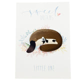 A4 Sweet Dreams Little One text with a platypus and puggle sleeping on a pillow illustration on a white background. 