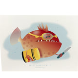 A4 art print of a funny fish with goggles, carrying a butter knife and vegemite jar on a light background