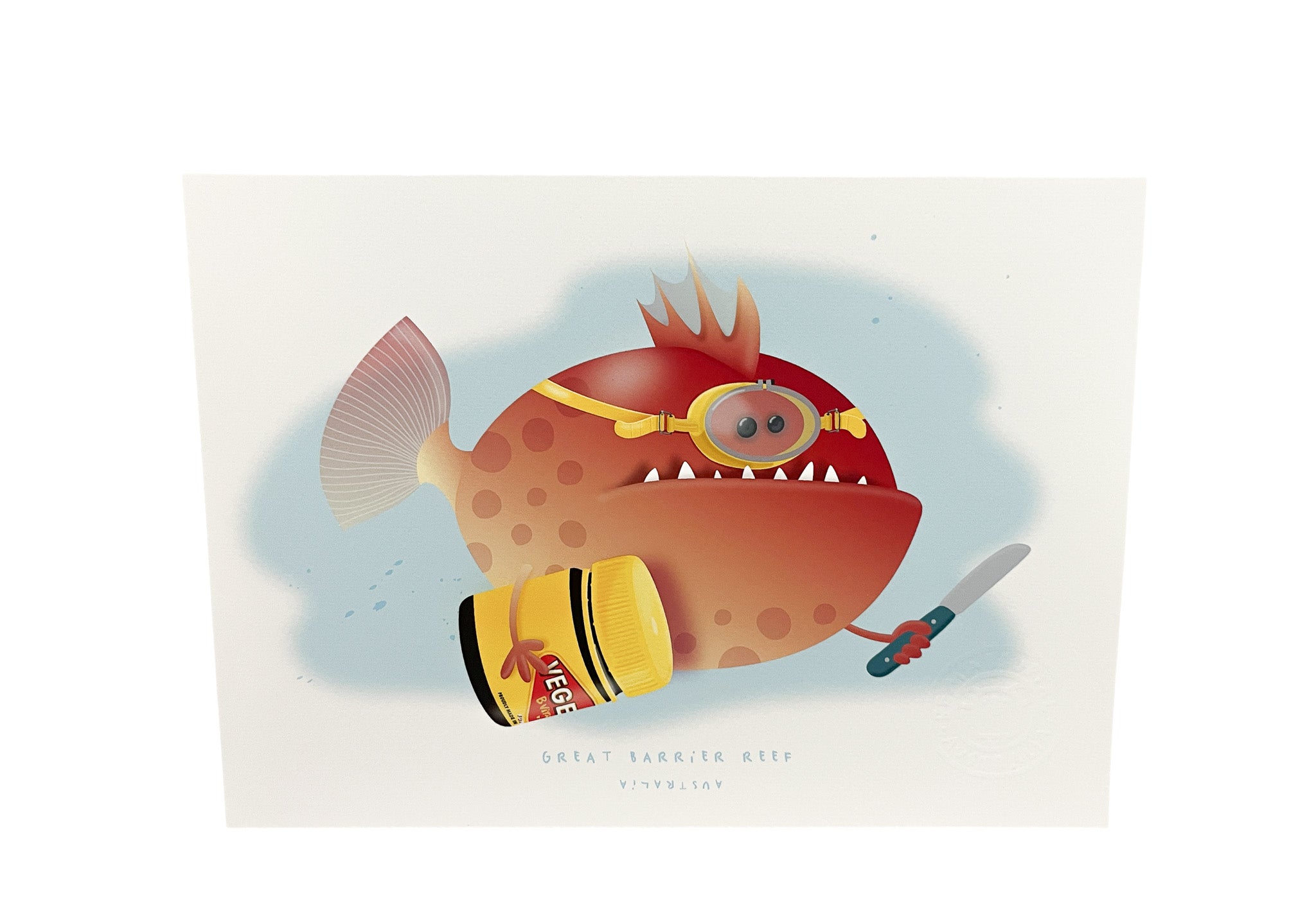A4 art print of a funny fish with goggles, carrying a butter knife and vegemite jar on a light background