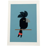 Unframed A4 print artwork of a stylized black cockatoo on a blue background