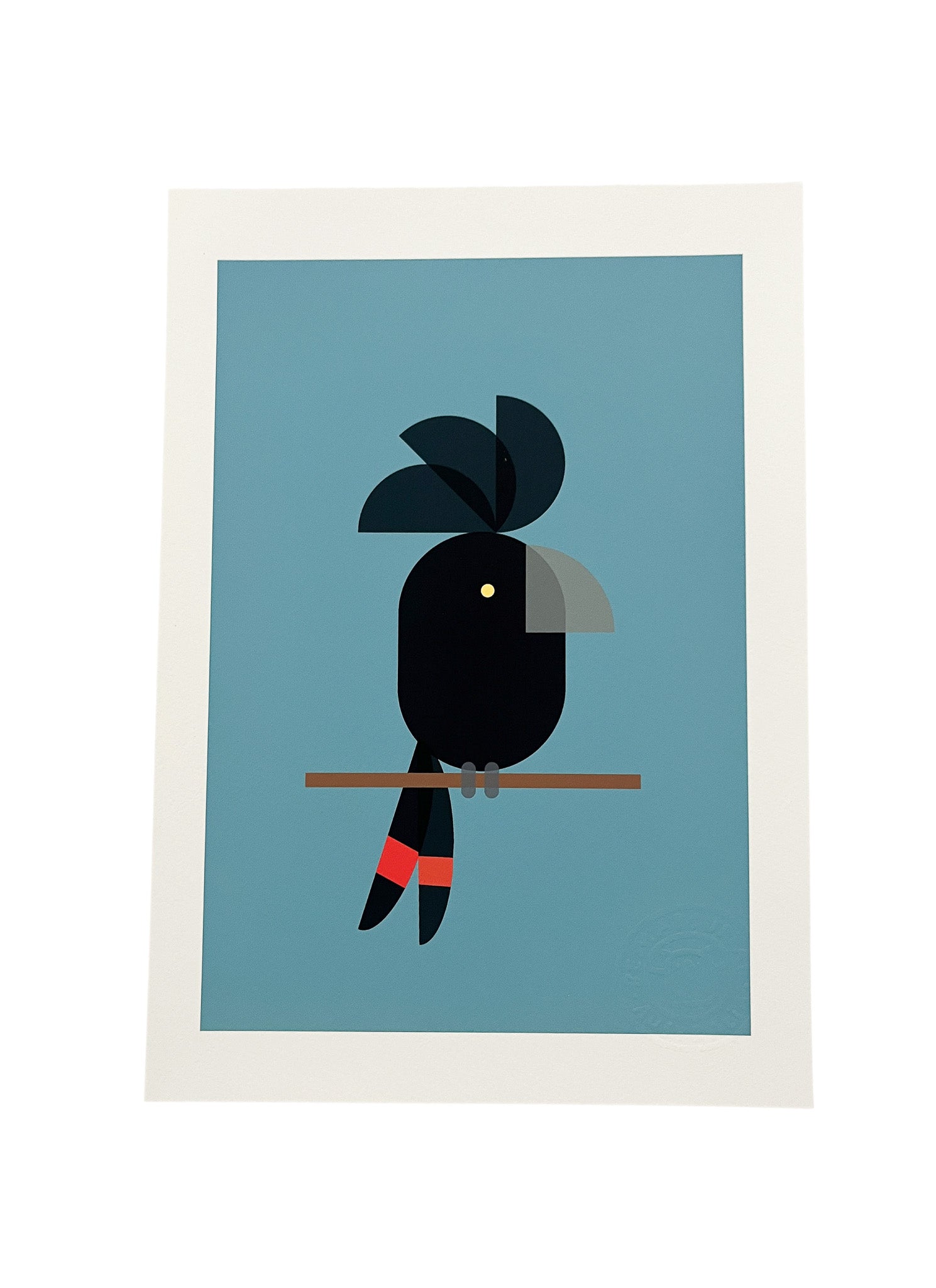 Unframed A4 print artwork of a stylized black cockatoo on a blue background