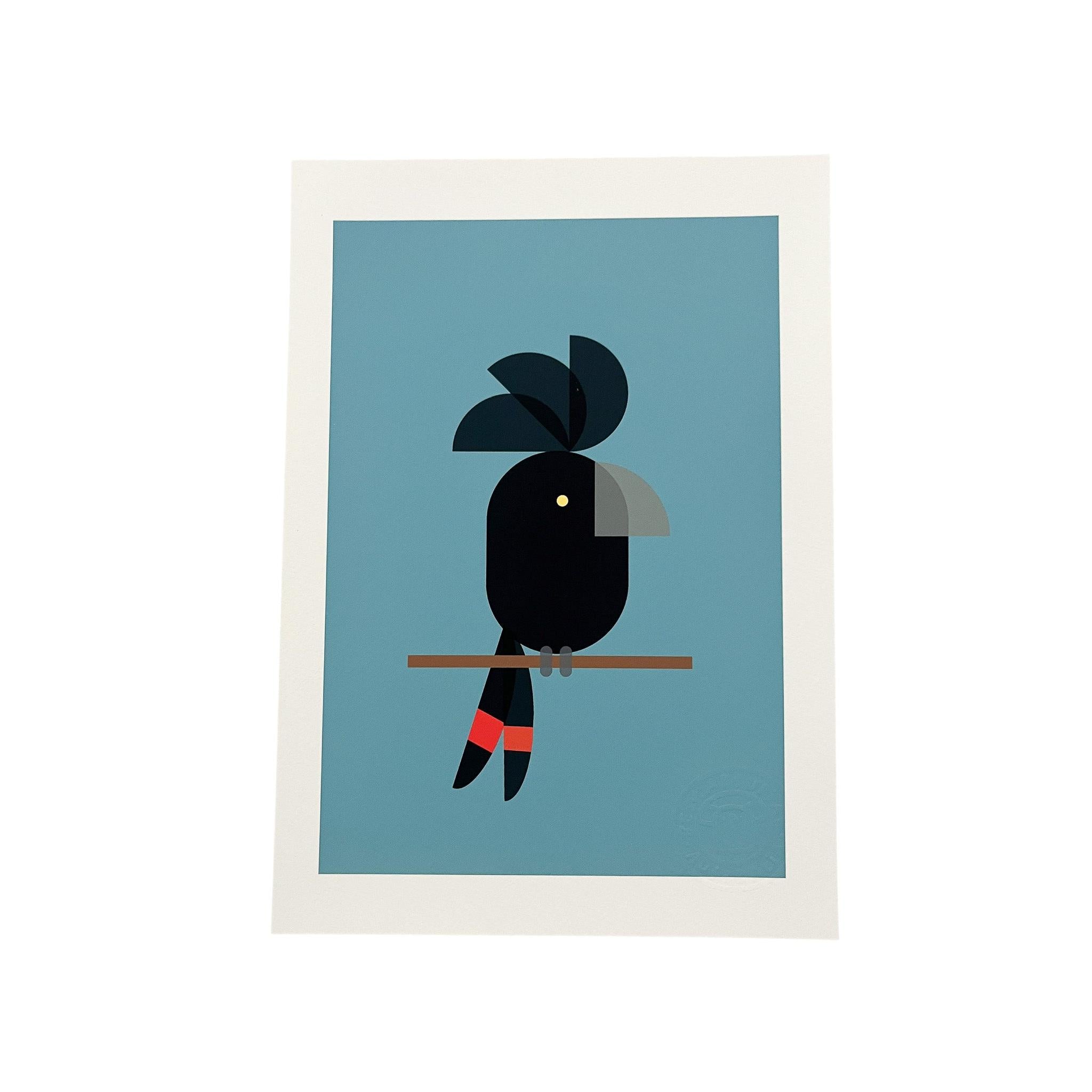 A4 geometric art print of a black cockatoo with red tail feathers on a blue background, minimalist Australiana style.