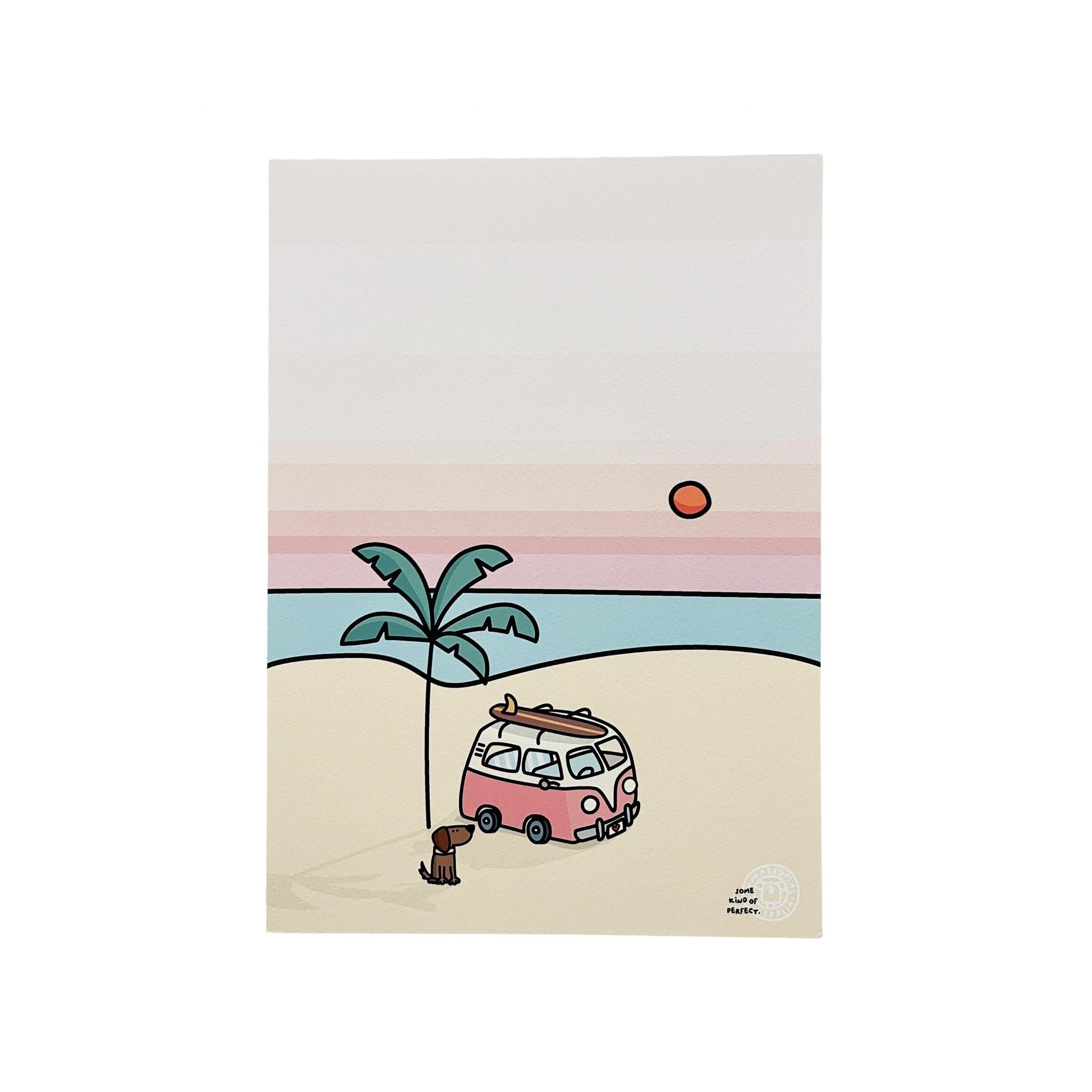 A4 art print featuring a pink kombi van, surfboard, palm tree, and dog on a beach under a pastel sunset sky.