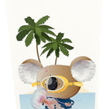 A4 koala wearing bathers art print with a palm in the wearing a snorkle mask, with a squid floating past in the ocean on a white background. 