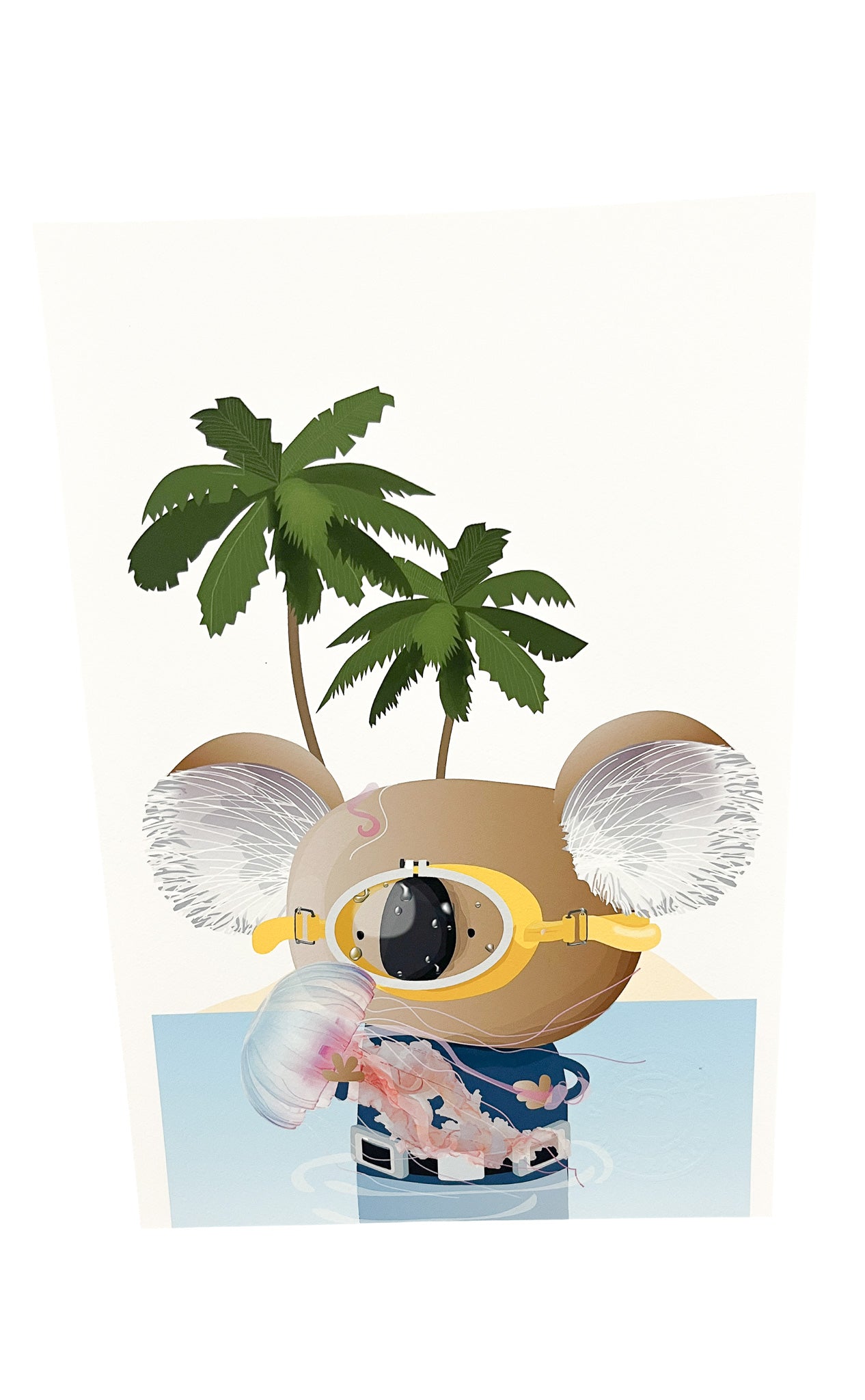 A4 koala wearing bathers art print with a palm in the wearing a snorkle mask, with a squid floating past in the ocean on a white background. 