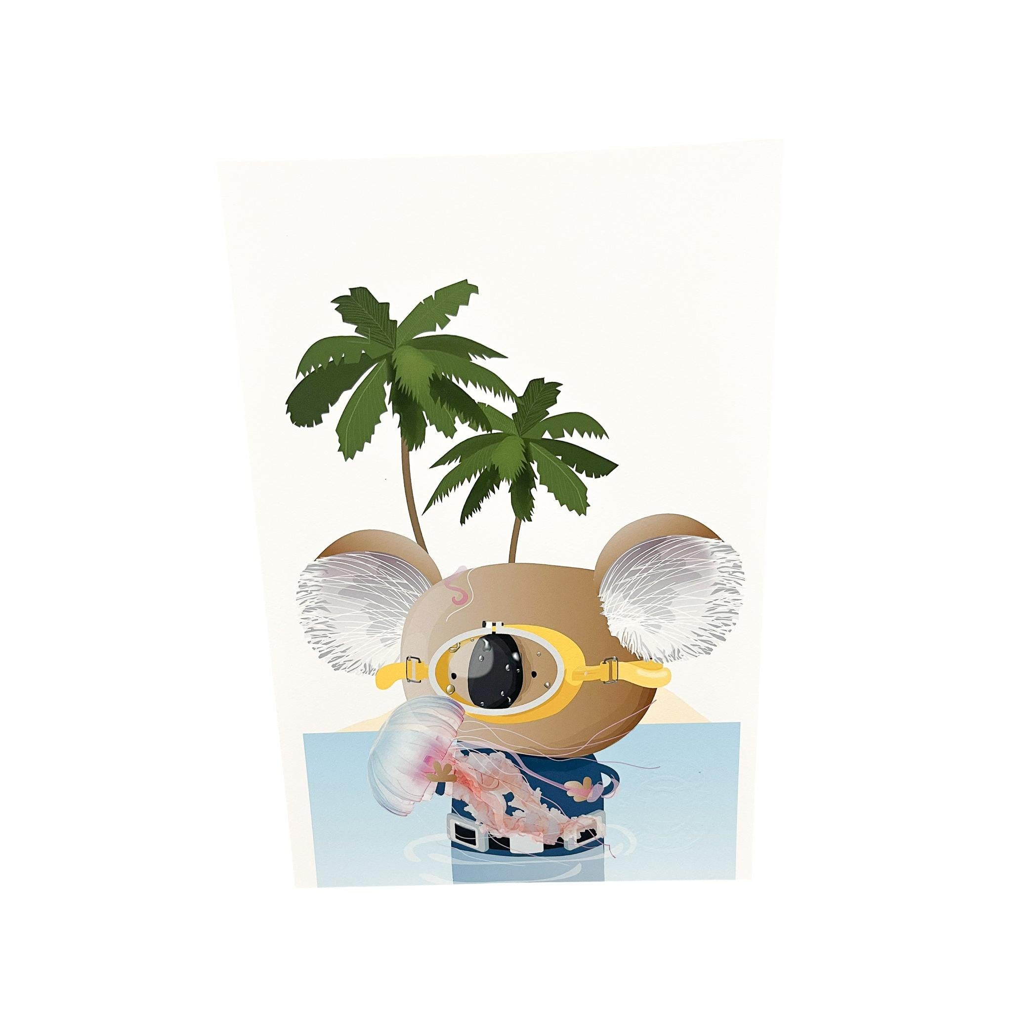 A4 art print featuring a koala wearing a yellow snorkel mask with palm trees and a jellyfish in tropical blue water.