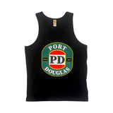 Black tank top with Port Douglas VB style logo on a white background