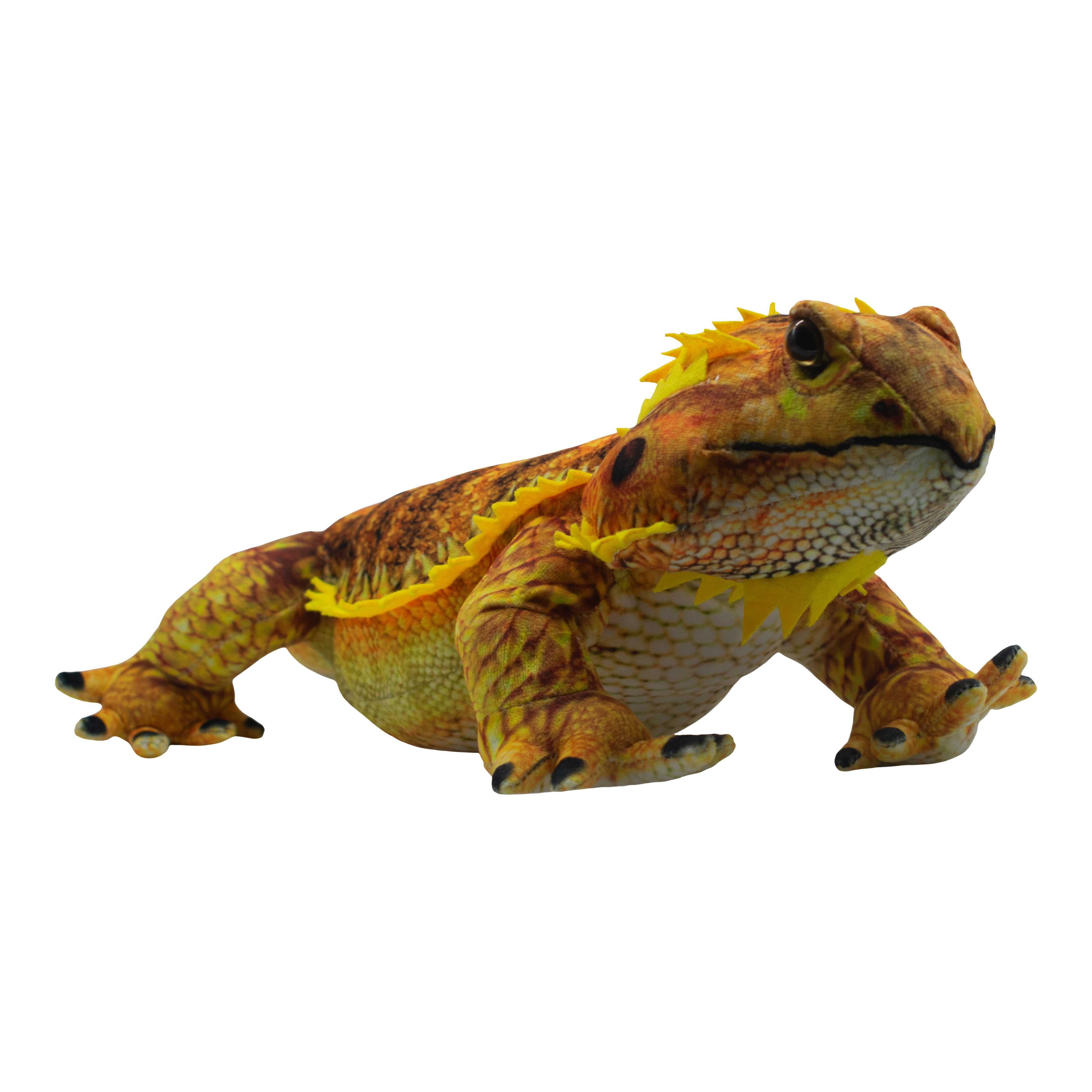 Vibrant orange and yellow Kambera bearded dragon soft plush toy, 65cm, with realistic textured scales and spiky details.