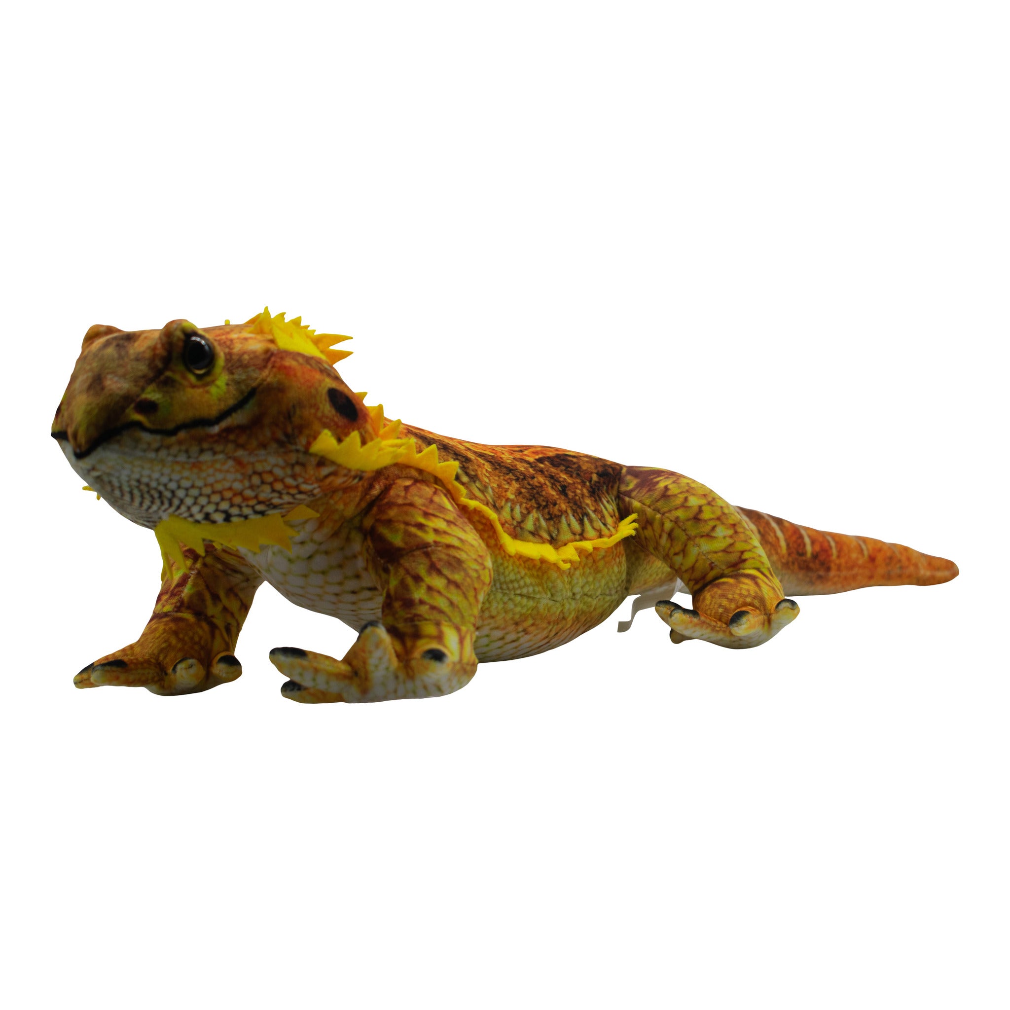 Kambera 65cm plush bearded dragon toy in vibrant orange and yellow, featuring a spiky frill and detailed patterns.