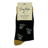 Navy cotton blend koala socks with brown trim on heel and cuff, featuring grey koalas. One size fits most.