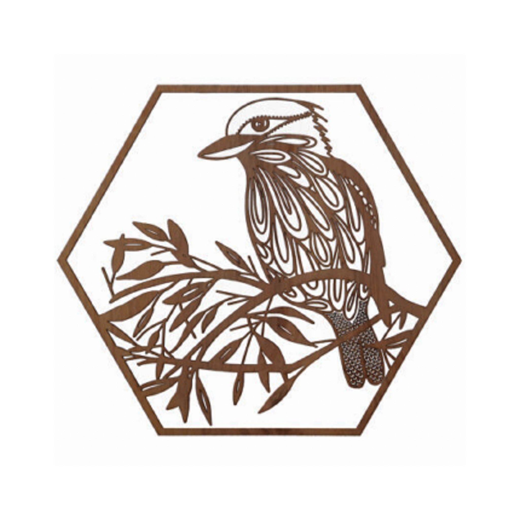 Decorative Australian timber hexagon shaped cut out wall art with a kookaburra design on a white background
