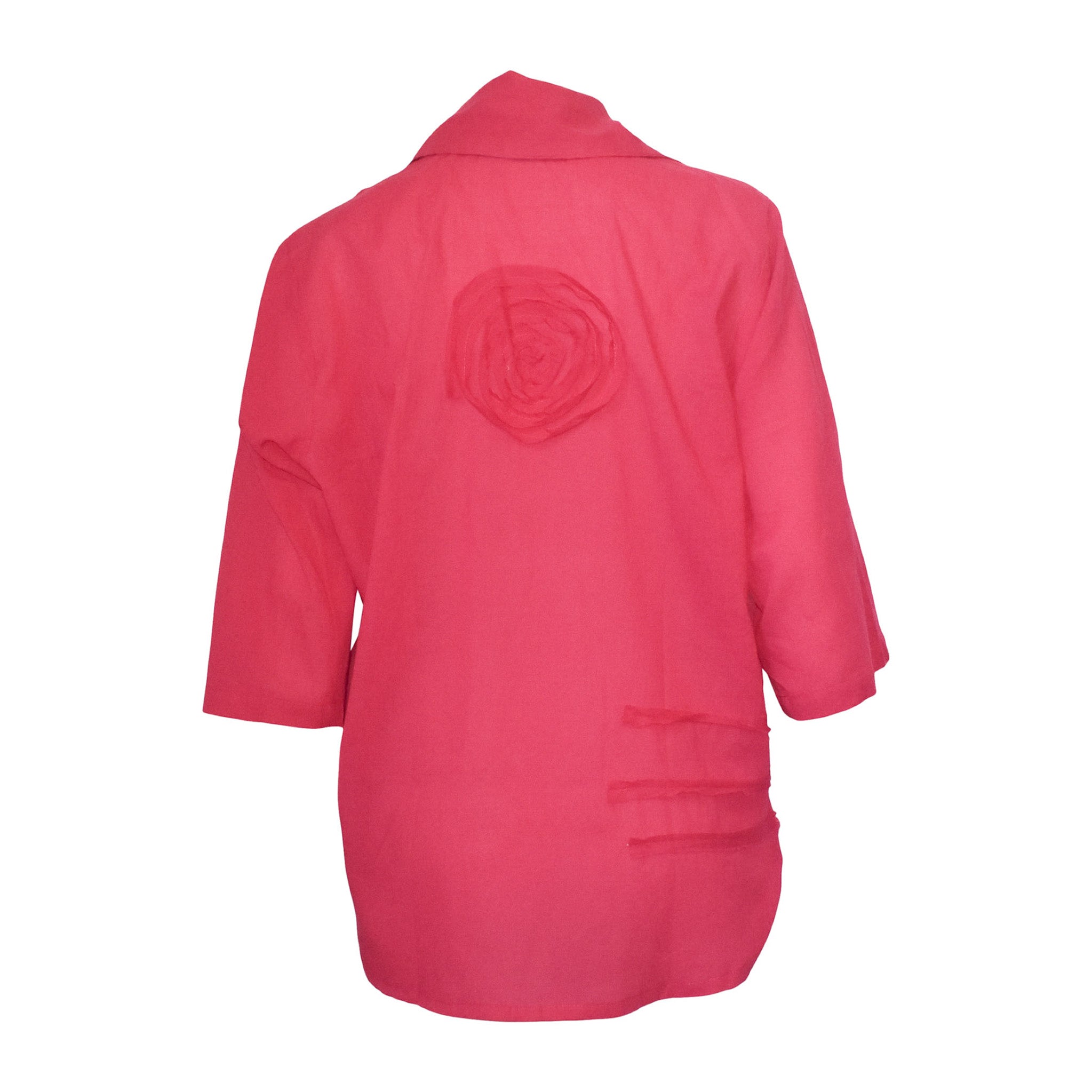 Back view of a pink shirt mid length sleeve with a floral design on the back against a white background