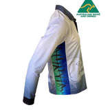 White long-sleeve shirt with blue and green design on a white background, featuring 'Australian Made and Owned' logo.
