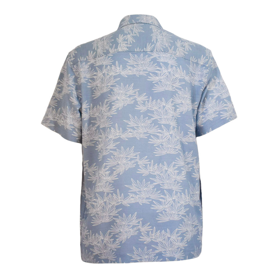 Men's light blue bamboo shirt with white bamboo leaf design, short sleeves, classic fit.