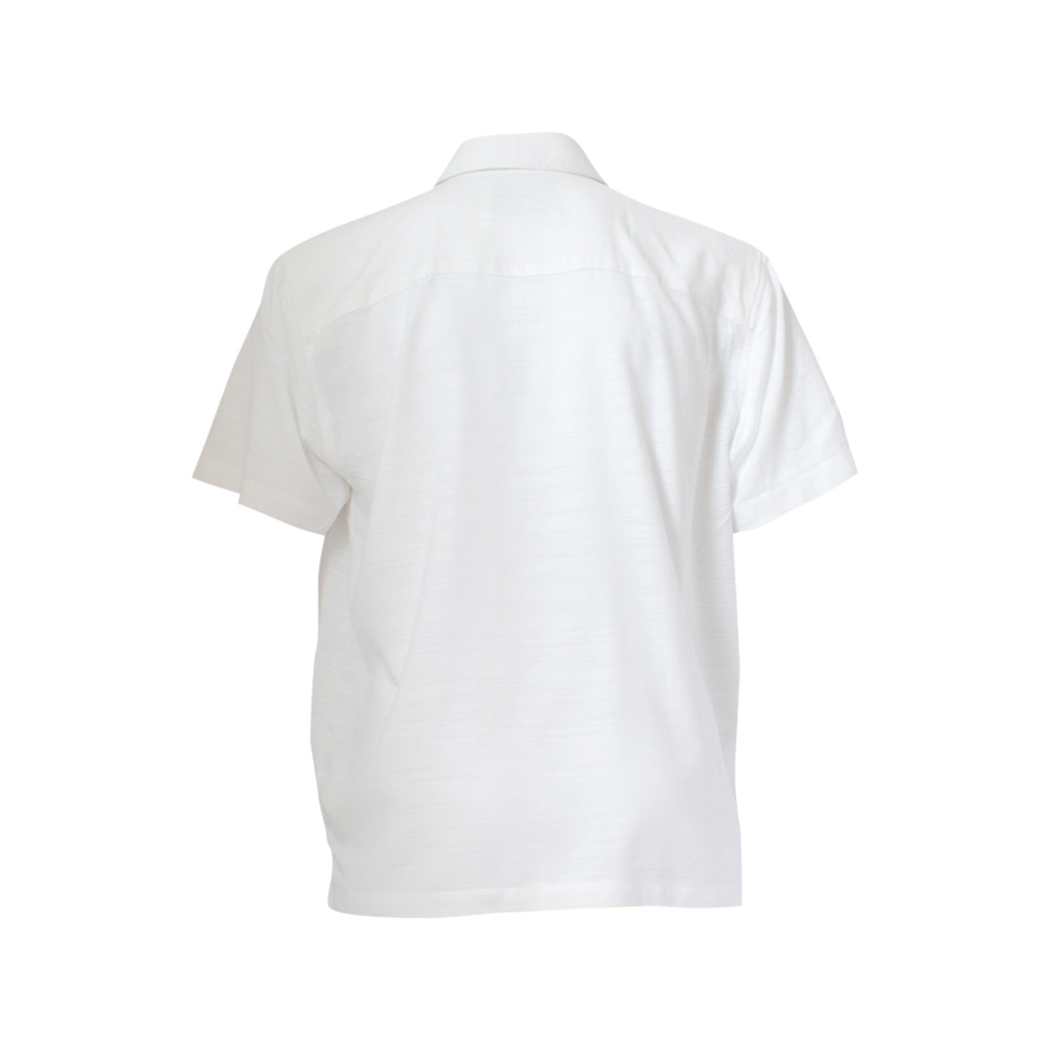 Back view of a white men's short-sleeved bamboo and cotton blend shirt with a classic loose fit.