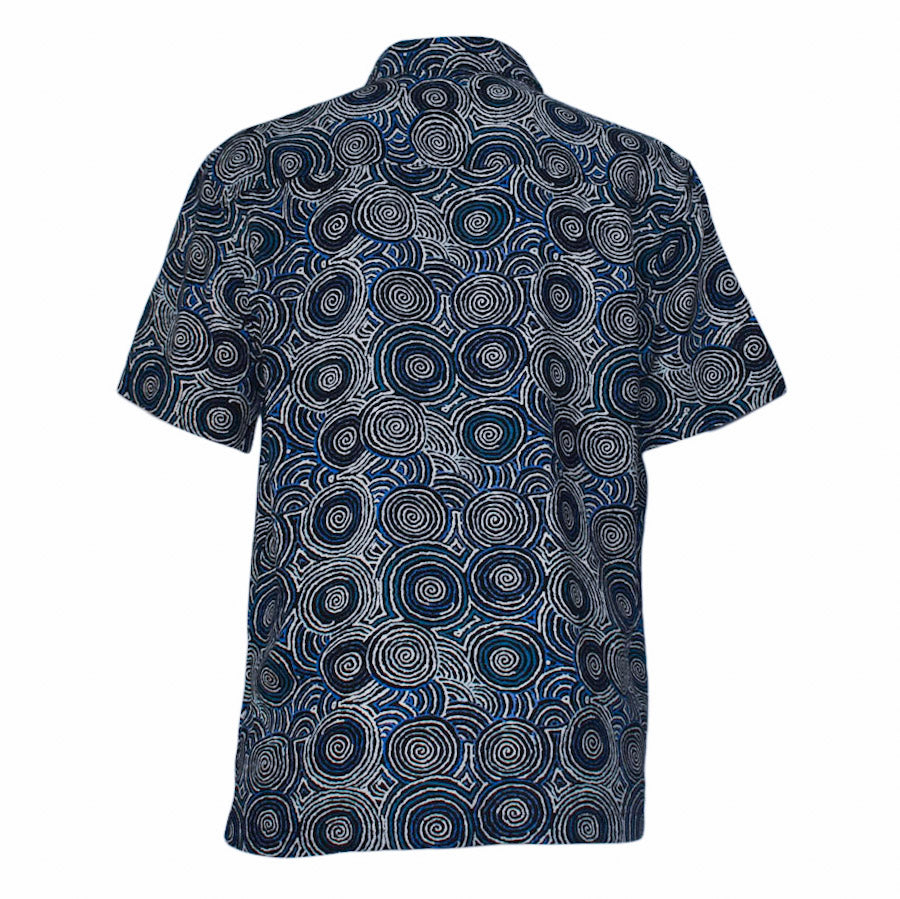 Men's bamboo cotton shirt, back view, with a blue, white, and black Mina Mina Aboriginal art spiral design.