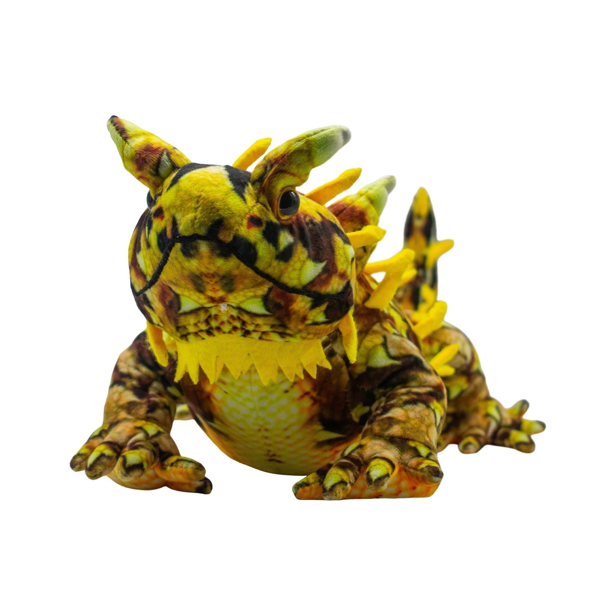 Mountain Devil plush toy with a yellow and brown color pattern on a white background
