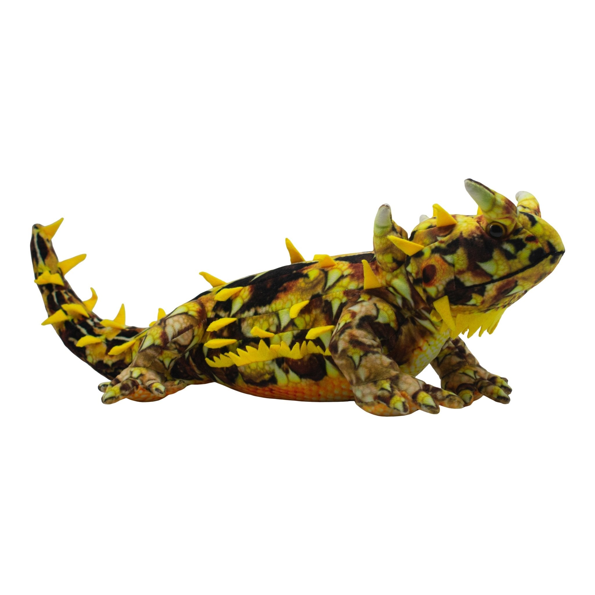Vibrant Marcus Mountain Devil plush toy, 55cm, yellow and brown camouflage pattern with prominent soft yellow spikes.