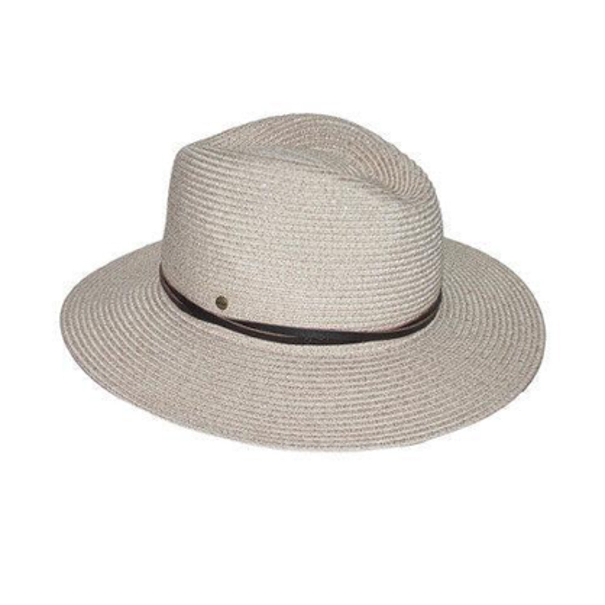 Mulga Creek Fedora Unisex Hat in Mix Camel hat with a black band on a white background