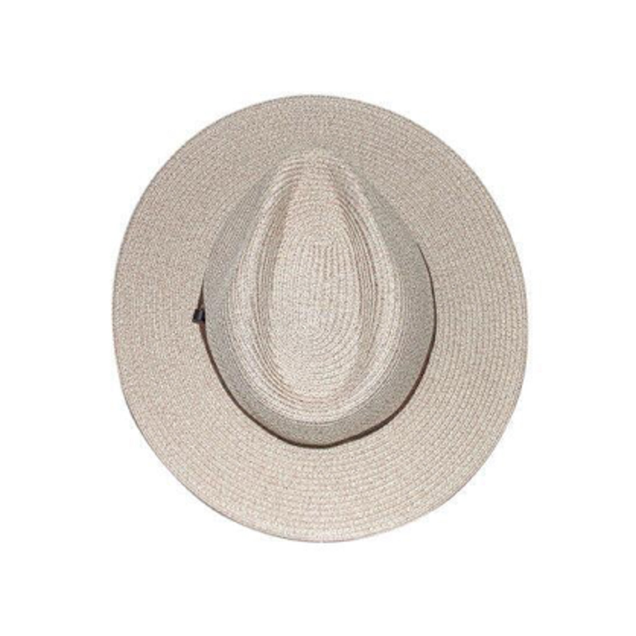 Mulga Creek Fedora Unisex Hat in Mix Camel hat with a black band on a white background