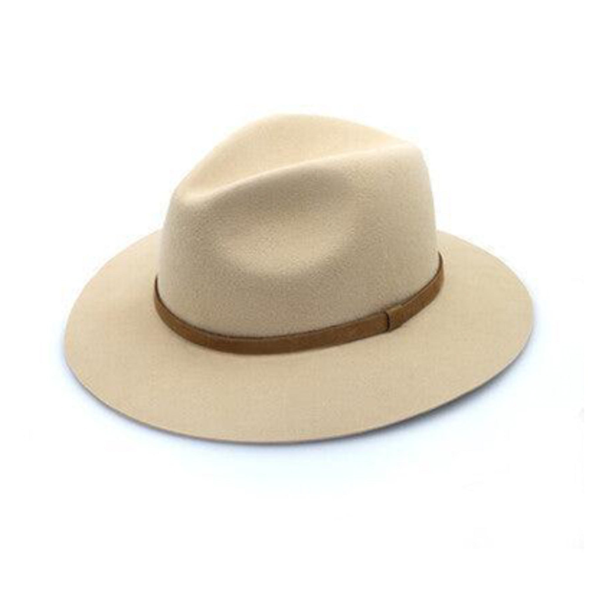 Beige fedora hat with a brown band on a white background