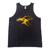 Men's black cotton Port Douglas souvenir singlet with a bold yellow red-eyed shark graphic and Great Barrier Reef text.