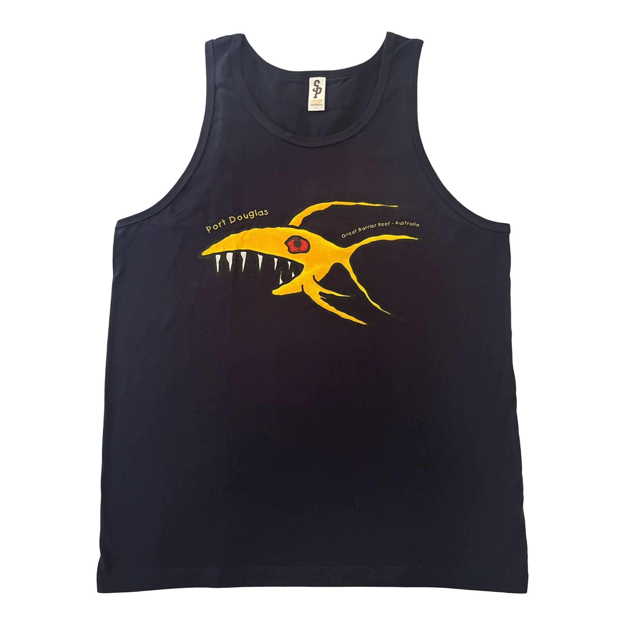 Men's black cotton Port Douglas souvenir singlet with a bold yellow red-eyed shark graphic and Great Barrier Reef text.