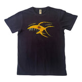 Men's dark navy cotton Port Douglas souvenir t-shirt with a yellow red-eyed shark and Great Barrier Reef text.