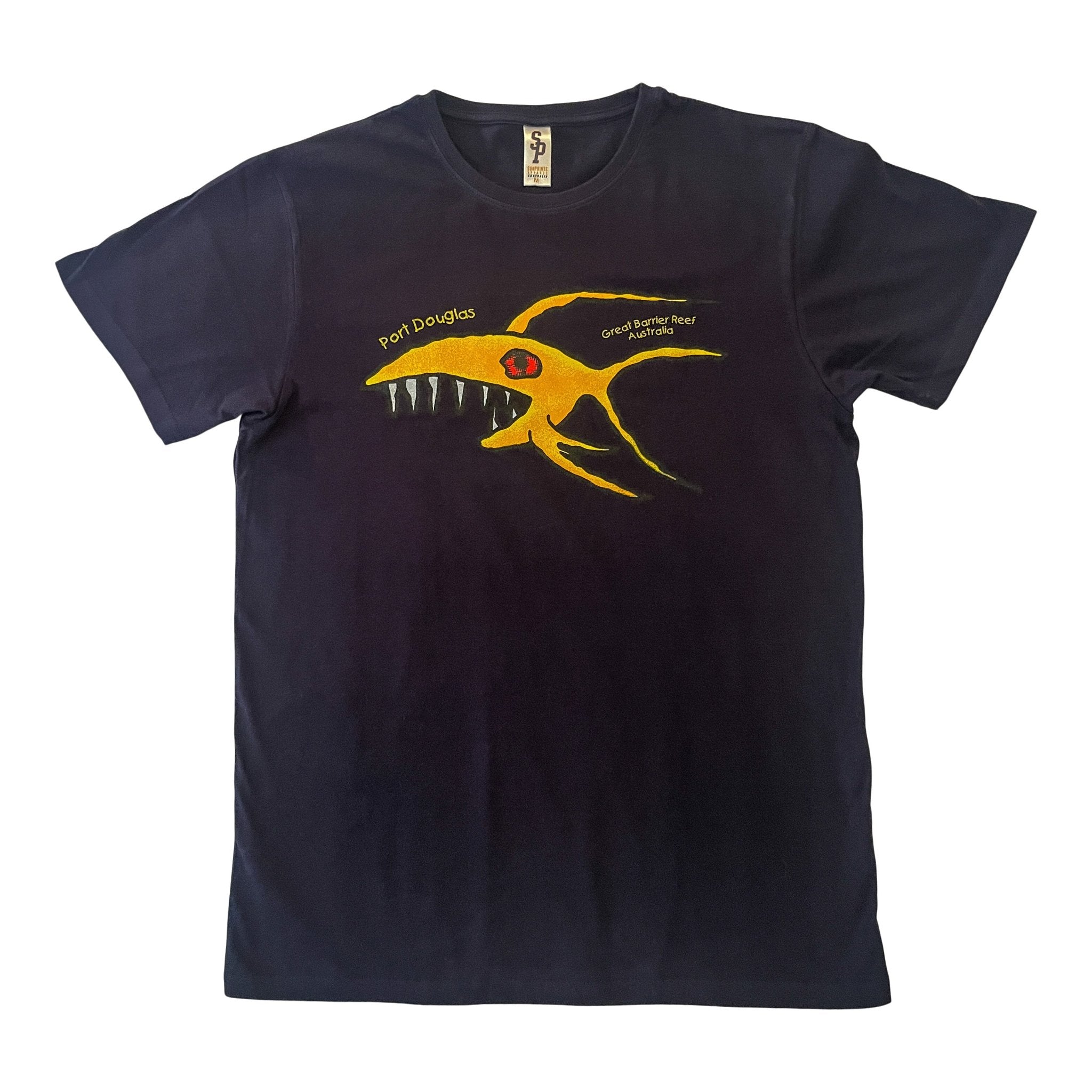 Men's dark navy cotton Port Douglas souvenir t-shirt with a yellow red-eyed shark and Great Barrier Reef text.