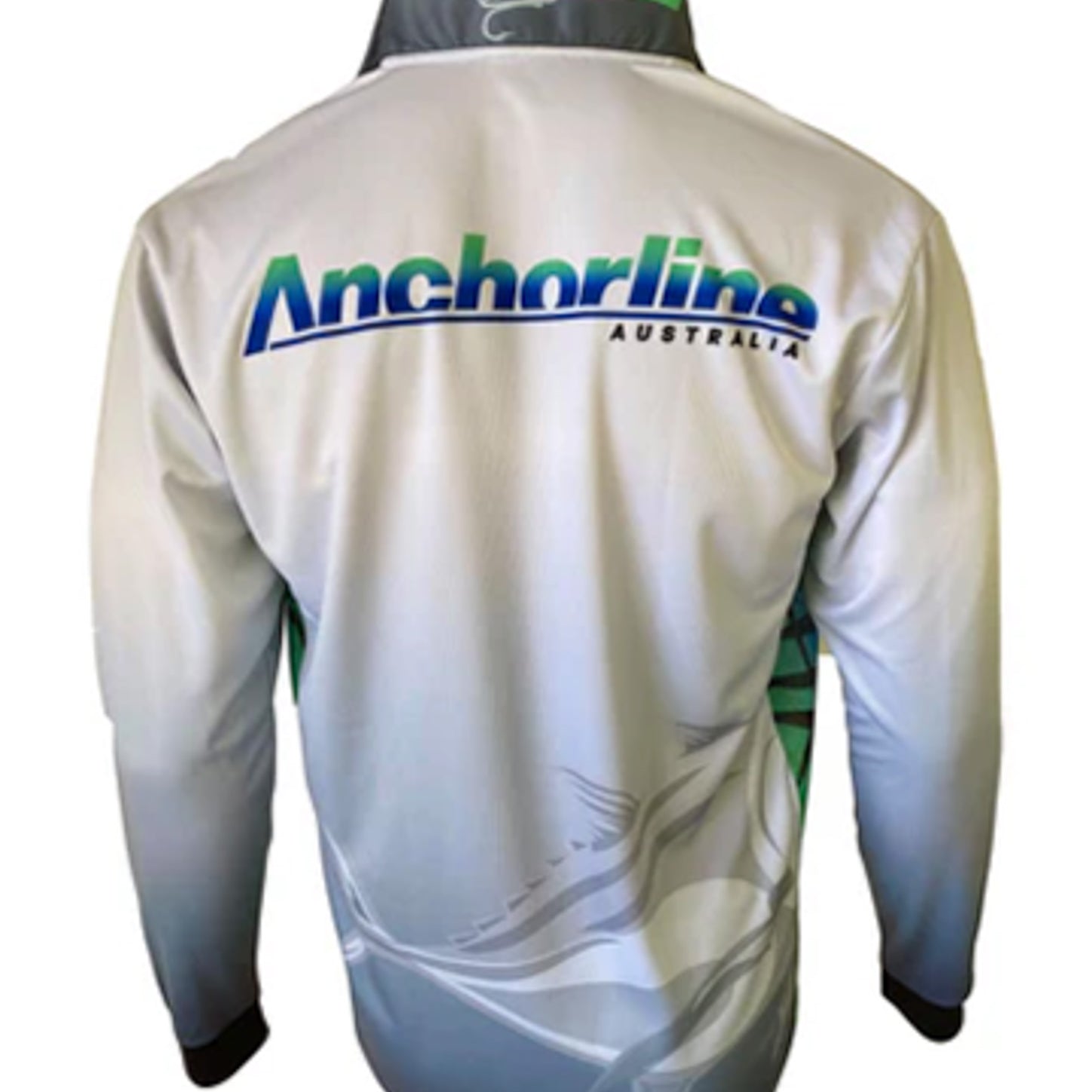 Back view of a fishing jacket with 'Anchorline Australia' branding on a white background