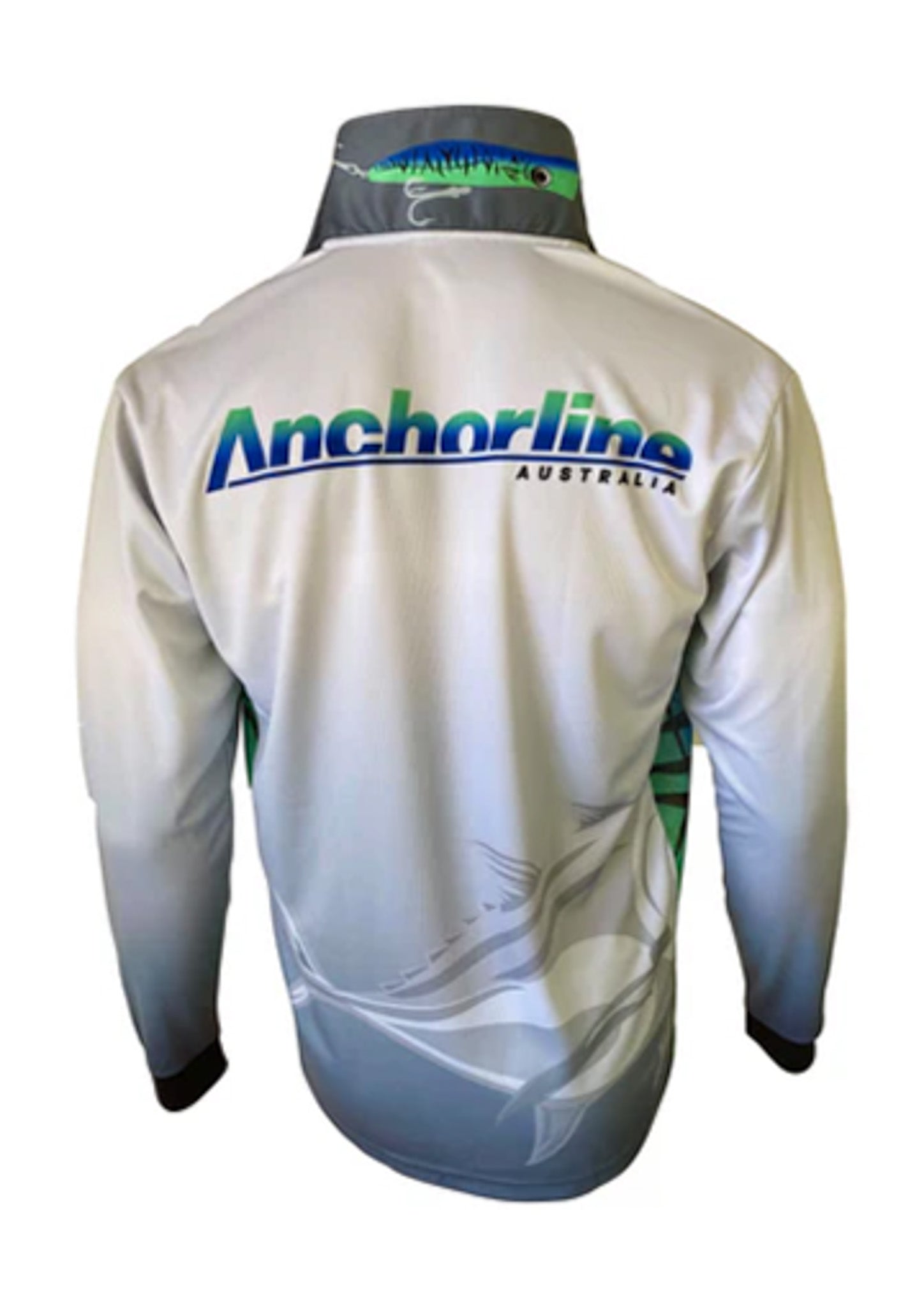 Back view of a fishing jacket with 'Anchorline Australia' branding on a white background