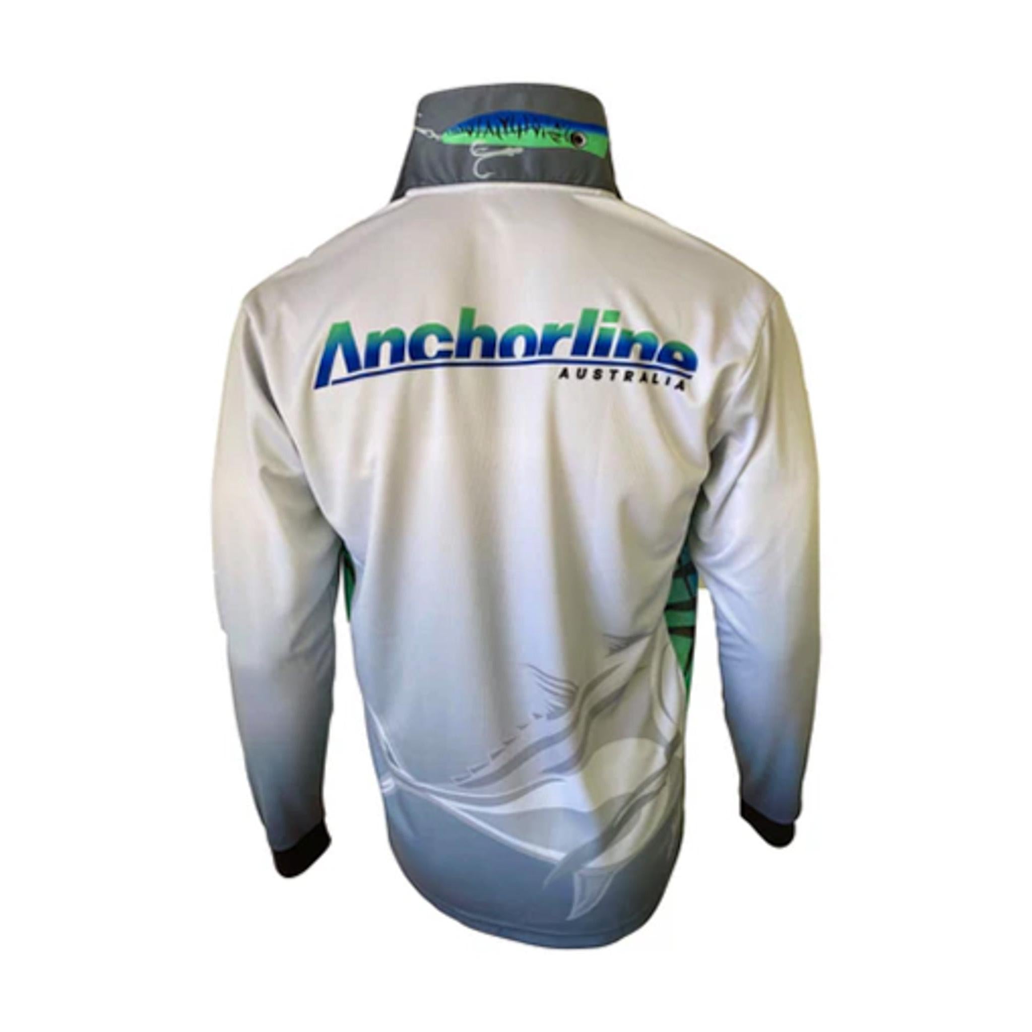 White long-sleeve UPF50 fishing shirt featuring a giant trevally graphic, popper lure collar detail, and Anchorline logo.