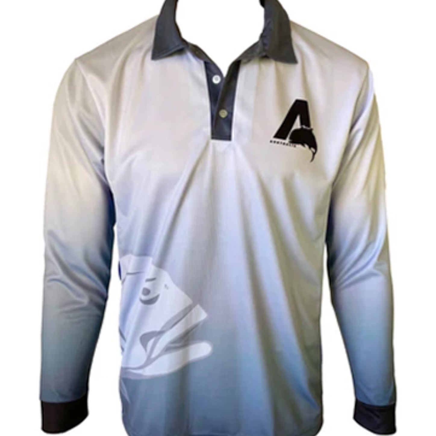 White long-sleeve polo shirt with black collar and sleeve edges, featuring a logo on a white background.