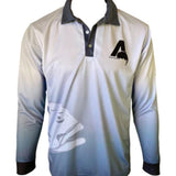 White long-sleeve polo shirt with black collar and sleeve edges, featuring a logo on a white background.